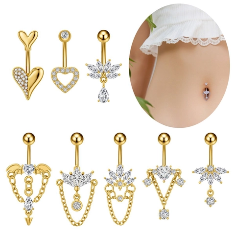 Stainless Steel Heart Flower Crown Bat Wings Tassel Belly Button Ring Pave Rhinestone Navel Piercing For Women Body Jewelry