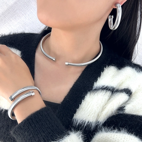 Vintage Stainless Steel Tubogas Choker Necklace And Open Bangle And Hoop Earrings For Women Gold Silver Spiral Jewelry
