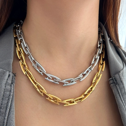Collana E Bracciale A Catena Grossa In Acciaio Inossidabile 304 Placcato Oro 18K Maglia Rettangolare Industriale Per Donna Uomo