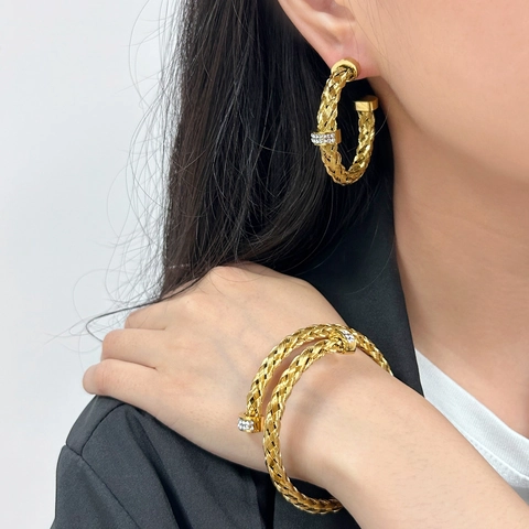 Stainless Steel Cable Braided Jewelry Set Gold Silver Zirconia Open Bangle C Shaped Hoop Earrings For Women Luxury Fashion Accessory