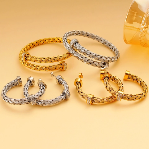 Stainless Steel Cable Braided Jewelry Set Gold Silver Zirconia Open Bangle C Shaped Hoop Earrings For Women Luxury Fashion Accessory