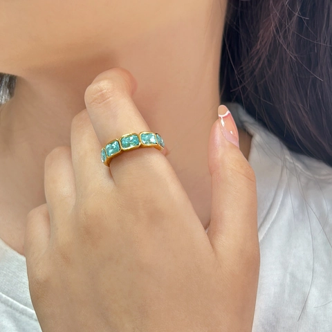 18K Gold Plated Stainless Steel Ring For Women Light Blue Rectangular Zircon Geometric Band Ring Minimalist Jewelry Gift