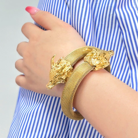 Vintage Stainless Steel Mesh Woven Bangle Double Dragon Leopard Head Open Crossover Bracelet For Men Women Jewelry Gift