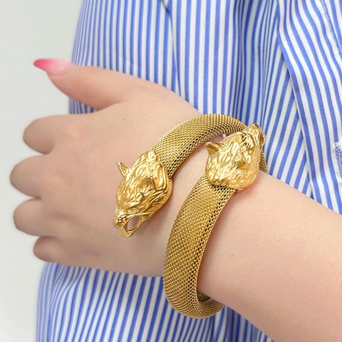 Vintage Stainless Steel Mesh Woven Bangle Double Dragon Leopard Head Open Crossover Bracelet For Men Women Jewelry Gift