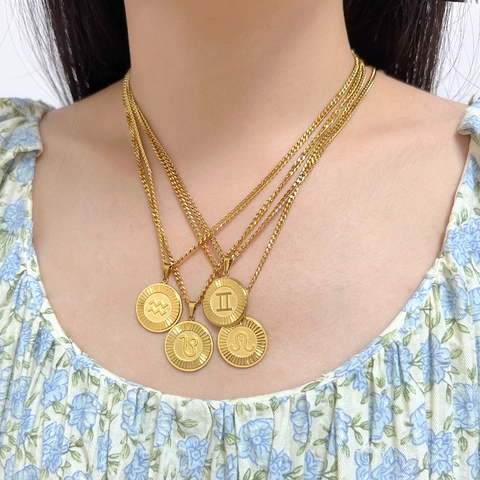 Stainless Steel 12 Zodiac Sign Pendant Necklace For Women Gold Plated Round Coin Constellation Choker Fashion Daily Jewelry Gift