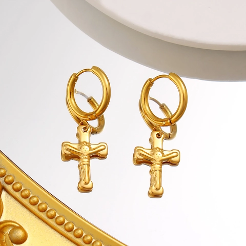 Pendientes de Aro con Cruz de Acero Inoxidable Chapado en Oro de 18K para Mujer Jesús Crucifijo Joyería Religiosa
