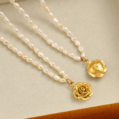 French Vintage Stainless Steel Artificial Pearl Necklace For Women 18K Gold Plated Rose Flower Shell Pendant Choker Jewelry Gift