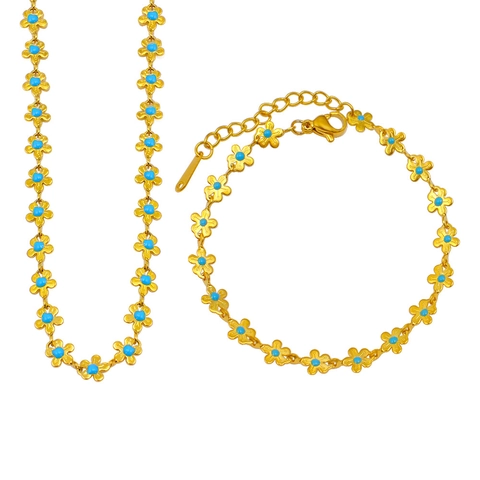 Blumen Herz Mond Schmuck Halskette Und Armband Edelstahl 18K Vergoldet Blau Emaille Damen Ins Stil Accessoire