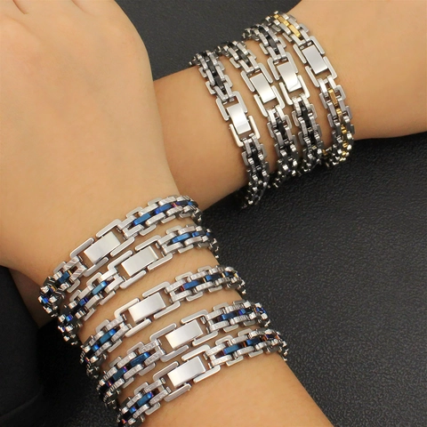Hip Hop Stainless Steel Watchband Bracelet For Women Men Industrial Style Two Tone Gold Silver Blue Black Metal Chain Jewelry