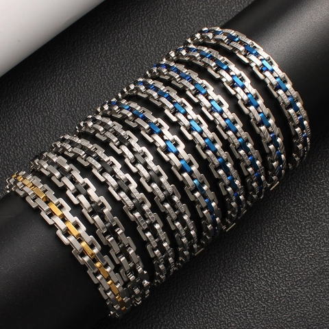 Hip Hop Stainless Steel Watchband Bracelet For Women Men Industrial Style Two Tone Gold Silver Blue Black Metal Chain Jewelry