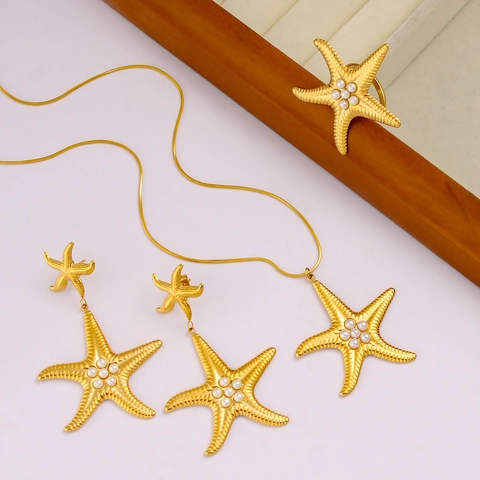Collana Orecchini Anello a Forma di Stella Marina in Acciaio Inossidabile Oro per Donna Elegante Estate Gioielli Marina