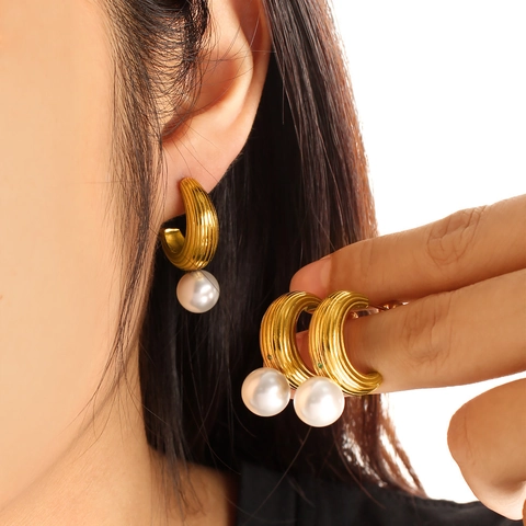 Estilo Corte Francés Acero Inoxidable Forma C Irregular Pendientes Perla Artificial Diamante Imitación Oro Mujer Joyería