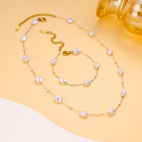 Elegante Collar Y Pulsera De Perlas Barrocas Artificiales De Acero Inoxidable Para Mujer Joyería De Perlas Artificiales Irregulares Chapadas En Oro