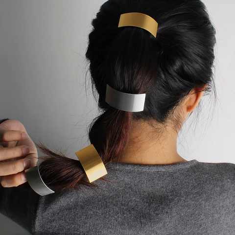 Minimalist Stainless Steel Brushed Rectangular Curved Hair Tie Elastic Ponytail Holder For Women Daily Party Hair Accessories