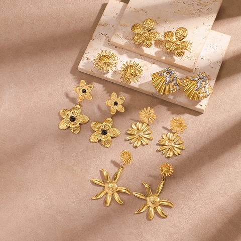 Pendientes de Acero Inoxidable 316 Forma Flor Margarita Concha para Mujer Estilo Vacaciones Impermeable Oro Strass Joyería