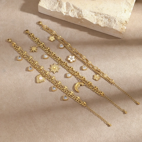 Bracelet à Breloques Double Couche en Acier Inoxydable 316 Plaqué Or 18K Vintage pour Femmes Pendentifs Coeur Soleil Fleur Bijoux