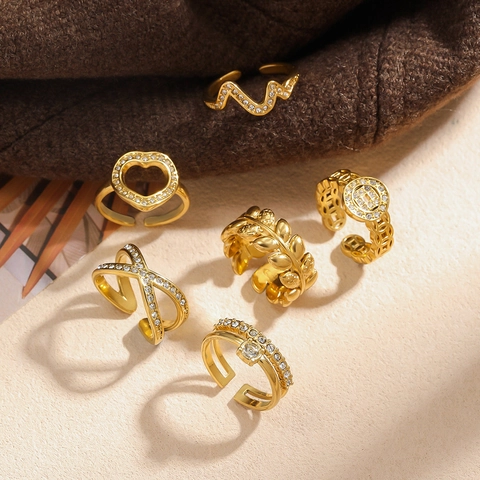 Gold Plated 304 Stainless Steel Open Rings For Women Zirconia Geometric Wave Heart Leaf Coin Adjustable Fashion Jewelry