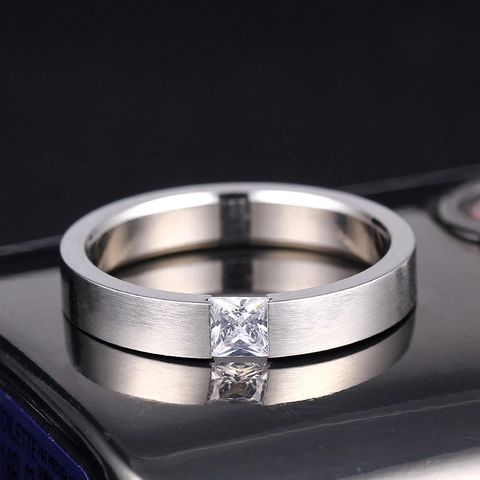 Minimalist 316L Stainless Steel Ring For Men Women Couple Brushed Square Zirconia Inlaid Wedding Band Anniversary Jewelry