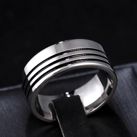 Vintage Men Stainless Steel Ring Minimalist 8mm Width Silver Band With Black Triple Grooves Industrial Style Titanium Steel Finger Ring For Men