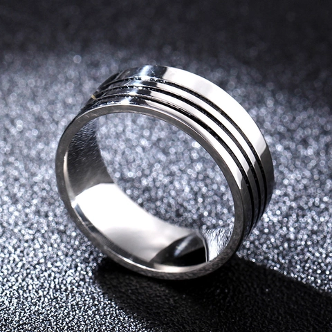 Vintage Men Stainless Steel Ring Minimalist 8mm Width Silver Band With Black Triple Grooves Industrial Style Titanium Steel Finger Ring For Men
