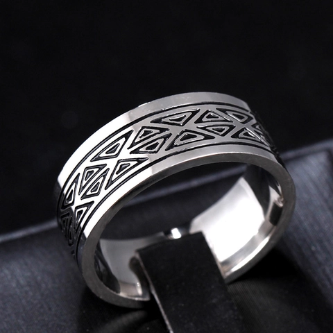 Vintage Stainless Steel Triangle Pattern Ring For Men Women 8mm Wide Geometric Etched Band Ring Ethnic Punk Jewelry Gift