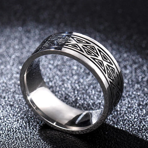 Vintage Stainless Steel Triangle Pattern Ring For Men Women 8mm Wide Geometric Etched Band Ring Ethnic Punk Jewelry Gift