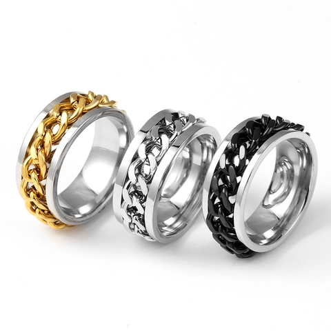 Stainless Steel Chain Spinner Ring For Men Women Punk Hip Hop Rotating Cuban Link Wide Band Ring Bottle Opener Jewelry Gift