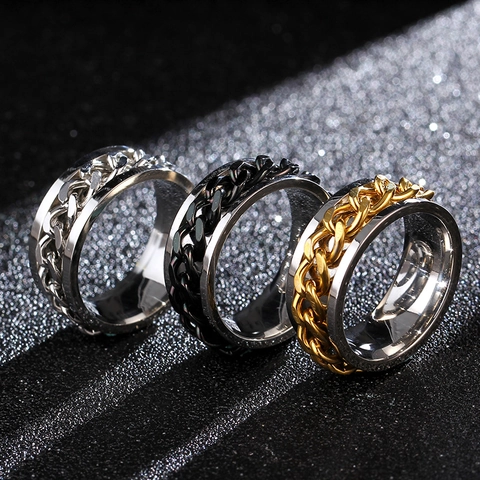 Stainless Steel Chain Spinner Ring For Men Women Punk Hip Hop Rotating Cuban Link Wide Band Ring Bottle Opener Jewelry Gift