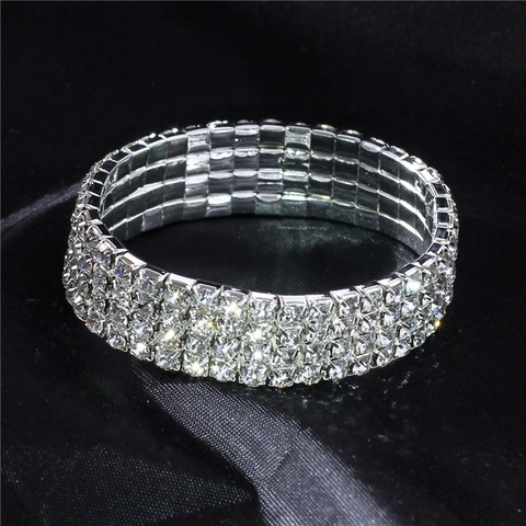 Fashion Multi Row Rhinestone Stretch Bracelet Shiny Crystal Bangle Gold Silver Plated Jewelry For Wedding Party Women