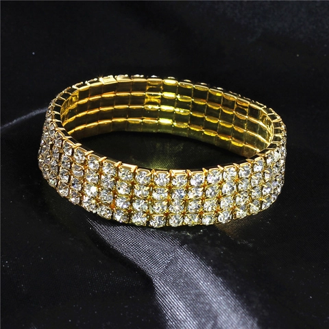 Fashion Multi Row Rhinestone Stretch Bracelet Shiny Crystal Bangle Gold Silver Plated Jewelry For Wedding Party Women