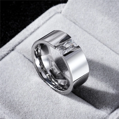 Minimalist Mirror Polished Stainless Steel Ring With Rectangle Zircon Inlay Unisex Fashion Jewelry Daily Casual Ring