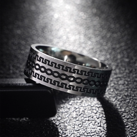 Bague Vintage en Acier Inoxydable pour Hommes Motif de Grecque Ethnique Grande Muraille Argent Minimaliste Bijoux Cadeau