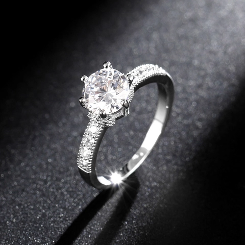 Korean Style Alloy Zirconia Ring Elegant Six Prong Round Cut Zircon Engagement Wedding Ring For Women Fashion Jewelry