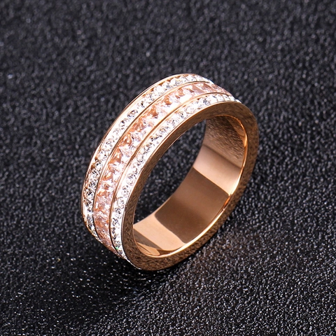 316 Stainless Steel Rose Gold Triple Row Ring With Cubic Zirconia Princess Square Cut Wedding Band For Women