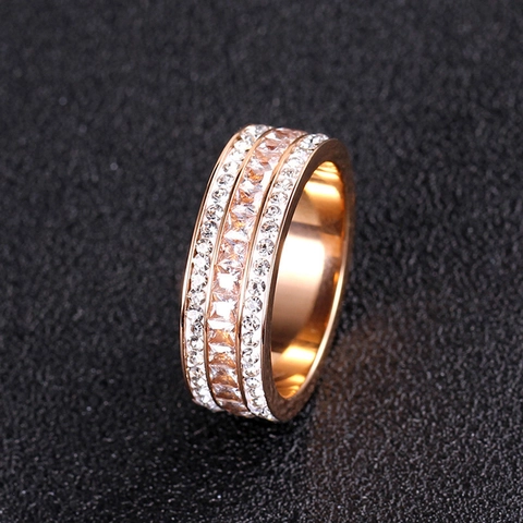 316 Stainless Steel Rose Gold Triple Row Ring With Cubic Zirconia Princess Square Cut Wedding Band For Women