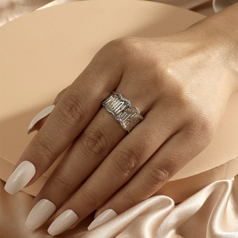 Bague Ouverte Minimaliste Lave Irrégulière Pour Femme Acier Inoxydable 316 Plaqué Or Argent Métal Liquide Bague Vague Ajustable