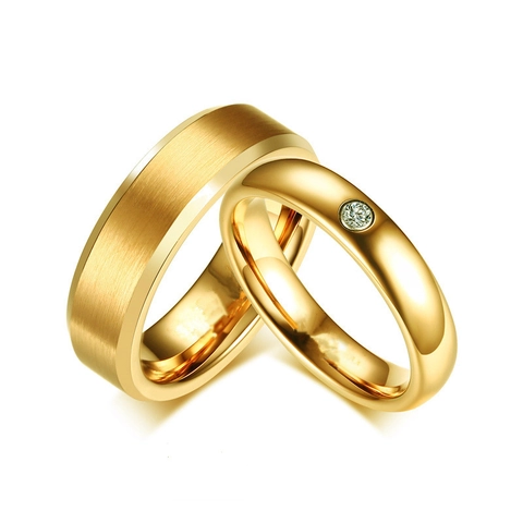 Anillo de Pareja de Acero Inoxidable 316 Chapado en Oro para Hombre Mujer Pulido Cepillado Circonita Incrustada Joyería de Boda