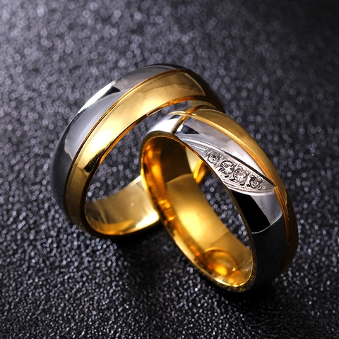 Bague de Couple en Acier Inoxydable 316 Bicolore Or Argent Avec Zirconium Poli Bijoux de Mariage Anniversaire