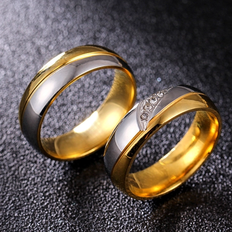 Bague de Couple en Acier Inoxydable 316 Bicolore Or Argent Avec Zirconium Poli Bijoux de Mariage Anniversaire
