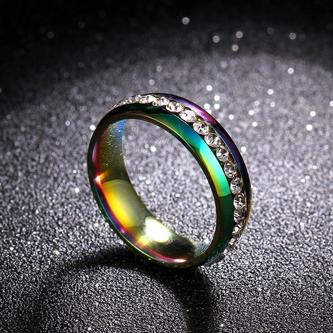 Luxurious 316 Stainless Steel Rainbow Zirconia Eternity Band Ring For Women Men Colorful Gold Black Silver Plated Jewelry