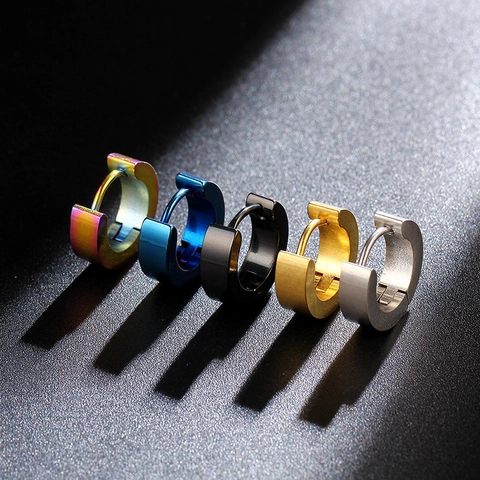 Minimalist Stainless Steel Hoop Earrings For Men Women Hip Hop Geometric Ear Buckle Gold Silver Black Blue Jewelry