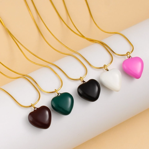 18K Gold Plated Stainless Steel 3D Heart Pendant Necklace Enamel Drip Snake Chain Minimalist Fashion Jewelry For Women Gift