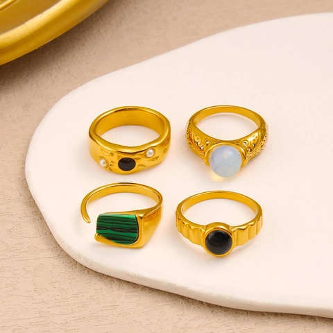 Vintage 18K Gold Plated Stainless Steel Ring With Malachite Pattern Moonstone Texture Black Stone And Faux Artificial Pearl Finger Ring For Women Minimalist Jewelry