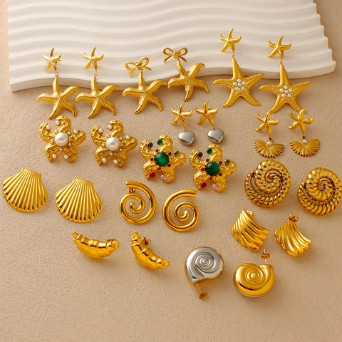 Marine Theme Stainless Steel Earrings Gold Silver Plated Starfish Shell Conch Stud Earrings For Women Summer Beach Jewelry