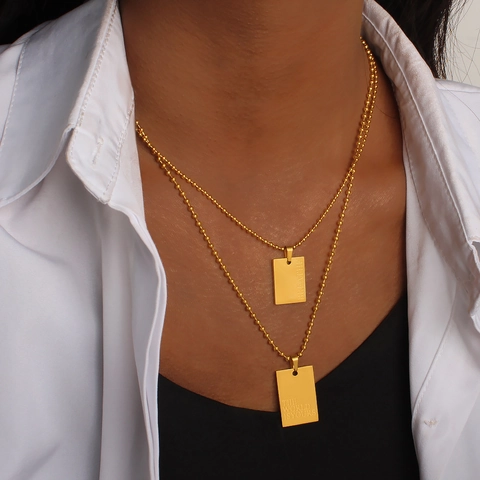 18K Gold Plated Stainless Steel Ball Chain Necklace Minimalist Rectangular Tag Pendant With Motivational Quotes Engraved For Men Women Jewelry