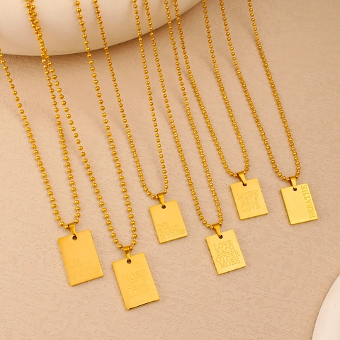 18K Gold Plated Stainless Steel Ball Chain Necklace Minimalist Rectangular Tag Pendant With Motivational Quotes Engraved For Men Women Jewelry
