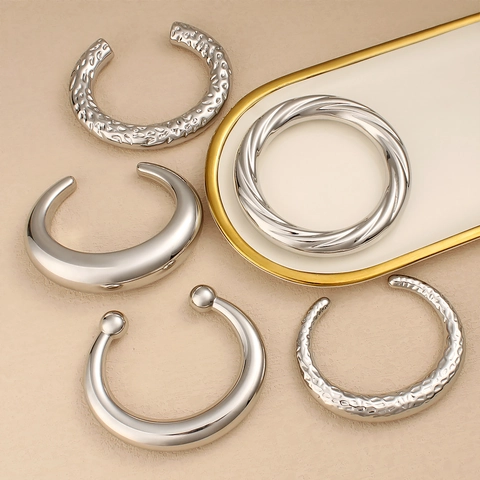 Pulsera de Brazalete Abierto en Forma de C de Acero Inoxidable de Moda para Mujer Minimalista Martillado Pulido Joyería Geométrica