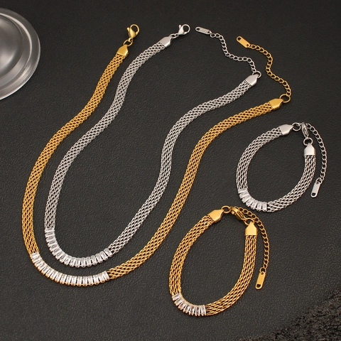 Stainless Steel Mesh Chain Jewelry Necklace And Bracelet Baguette Cut Zirconia Inlaid Gold Silver Jewelry For Women Party
