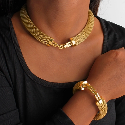 Ensemble de Bijoux Moderne en Acier Titane Tissage en Maille Plaqué Or Argent Fermoir en H Collier Bracelet Femme