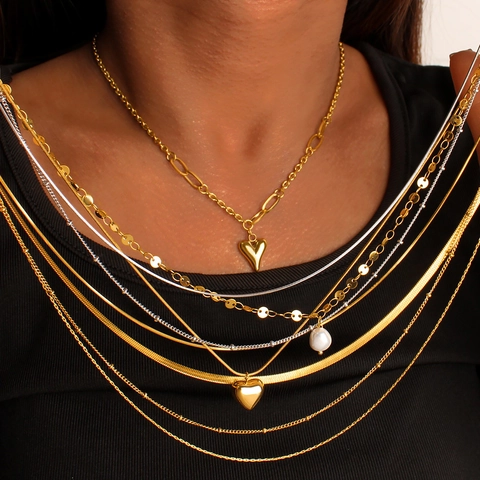 Fashion Stainless Steel Heart Bow Artificial Pearl Pendant Necklace For Women Double Layer Snake Chain 18K Gold Plated Jewelry
